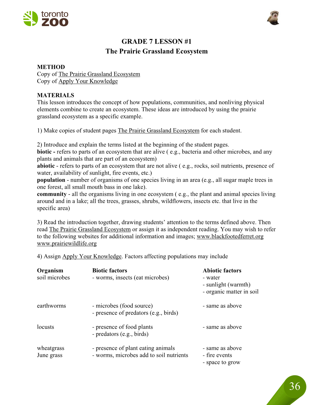 GRADE 7 LESSON #1 the Prairie Grassland Ecosystem