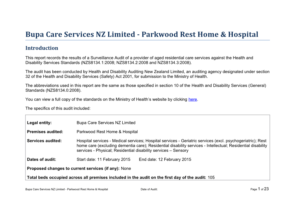 Bupa Care Services NZ Limited - Parkwood Rest Home & Hospital