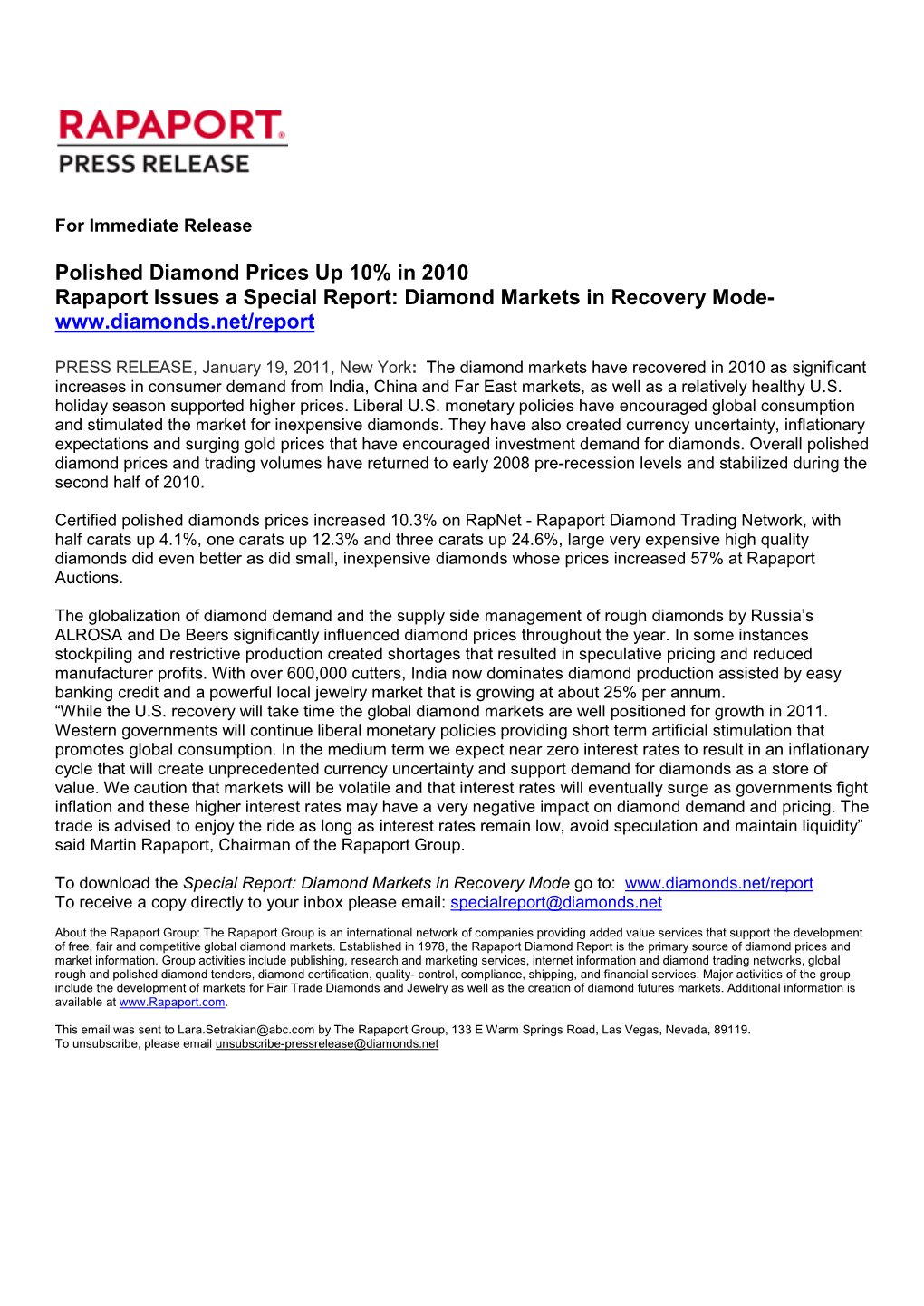 Polished Diamond Prices up 10% in 2010 Rapaport Issues a Special Report: Diamond Markets in Recovery Mode