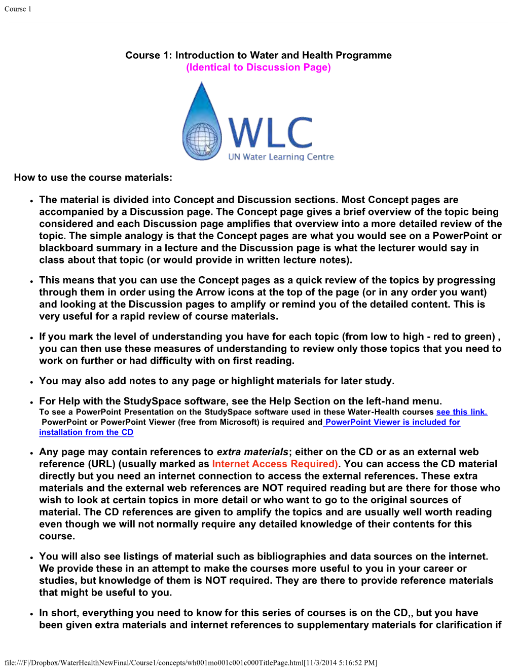 Course 1: Introduction to Water and Health Programme (Identical to Discussion Page)
