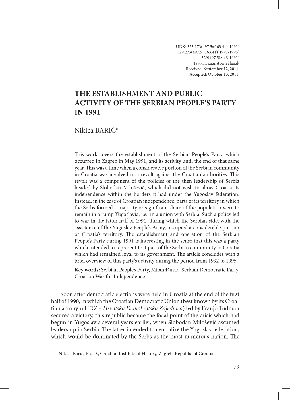 The Establishment and Public Activity of the Serbian People’S Party in 1991