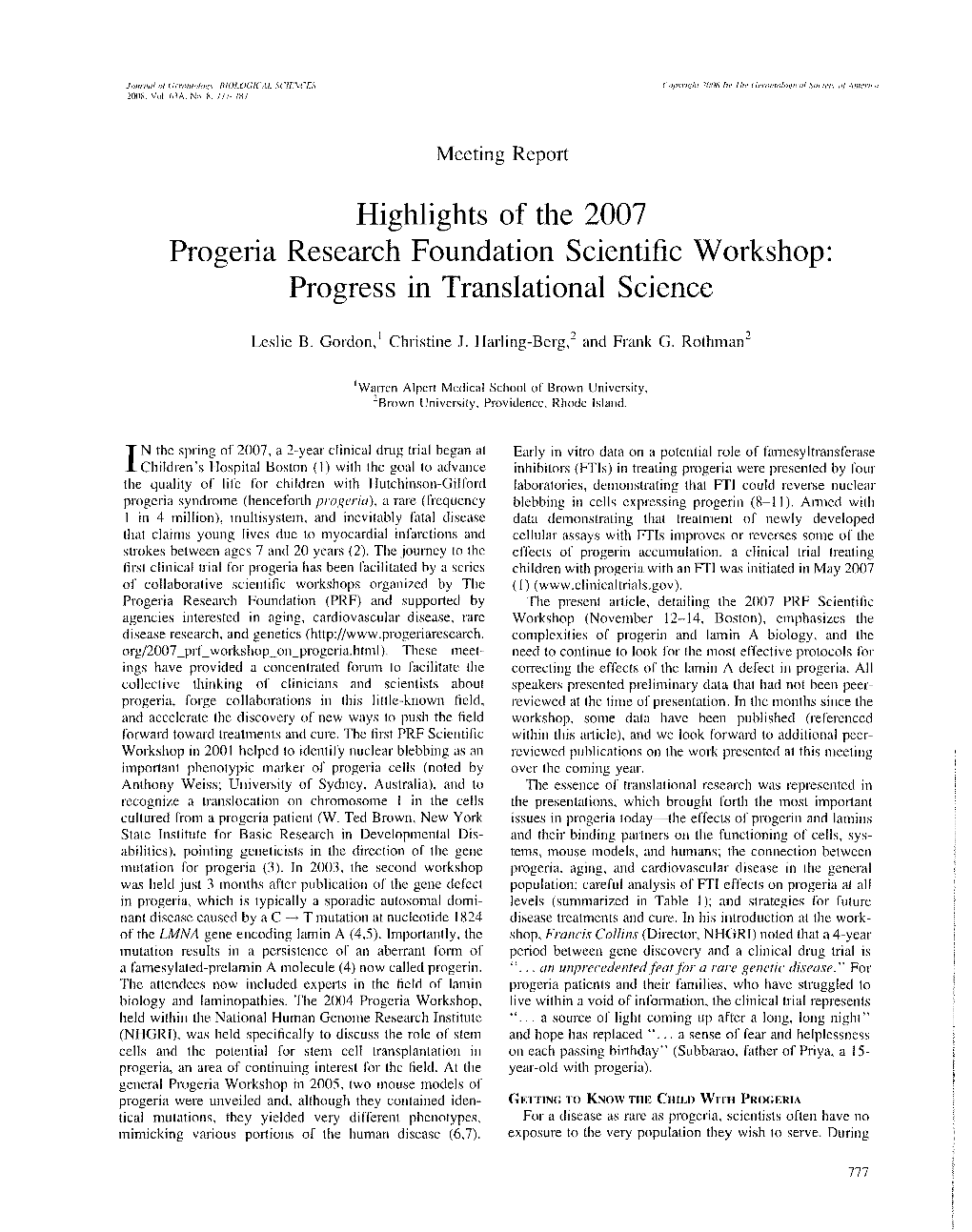 Highlights of the 2007 Progeria Research Foundation Scientific