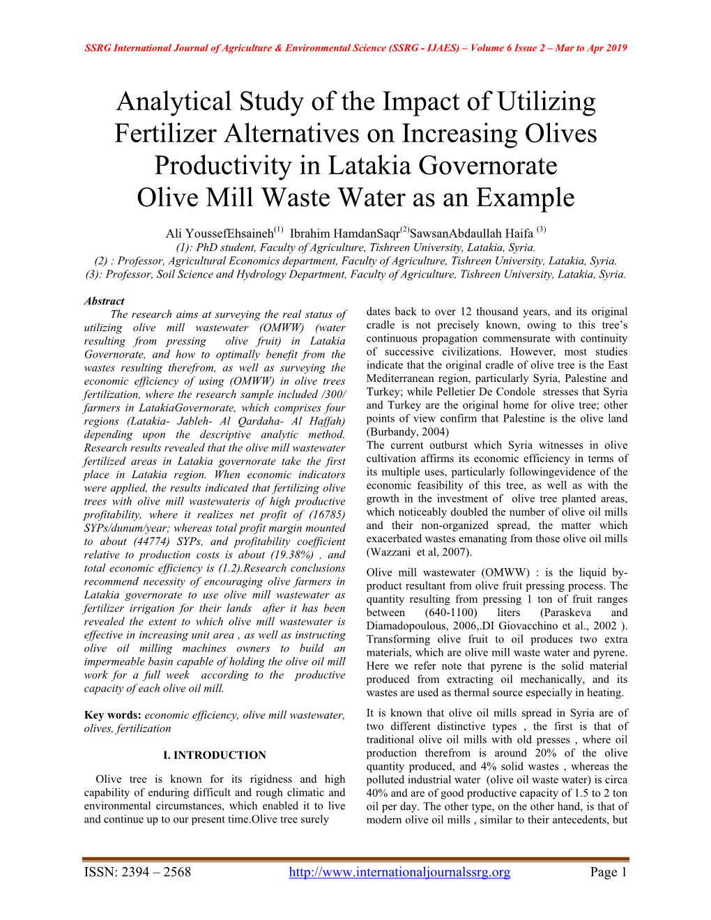 Analytical Study of the Impact of Utilizing Fertilizer Alternatives on Increasing Olives Productivity in Latakia Governorate Olive Mill Waste Water As an Example