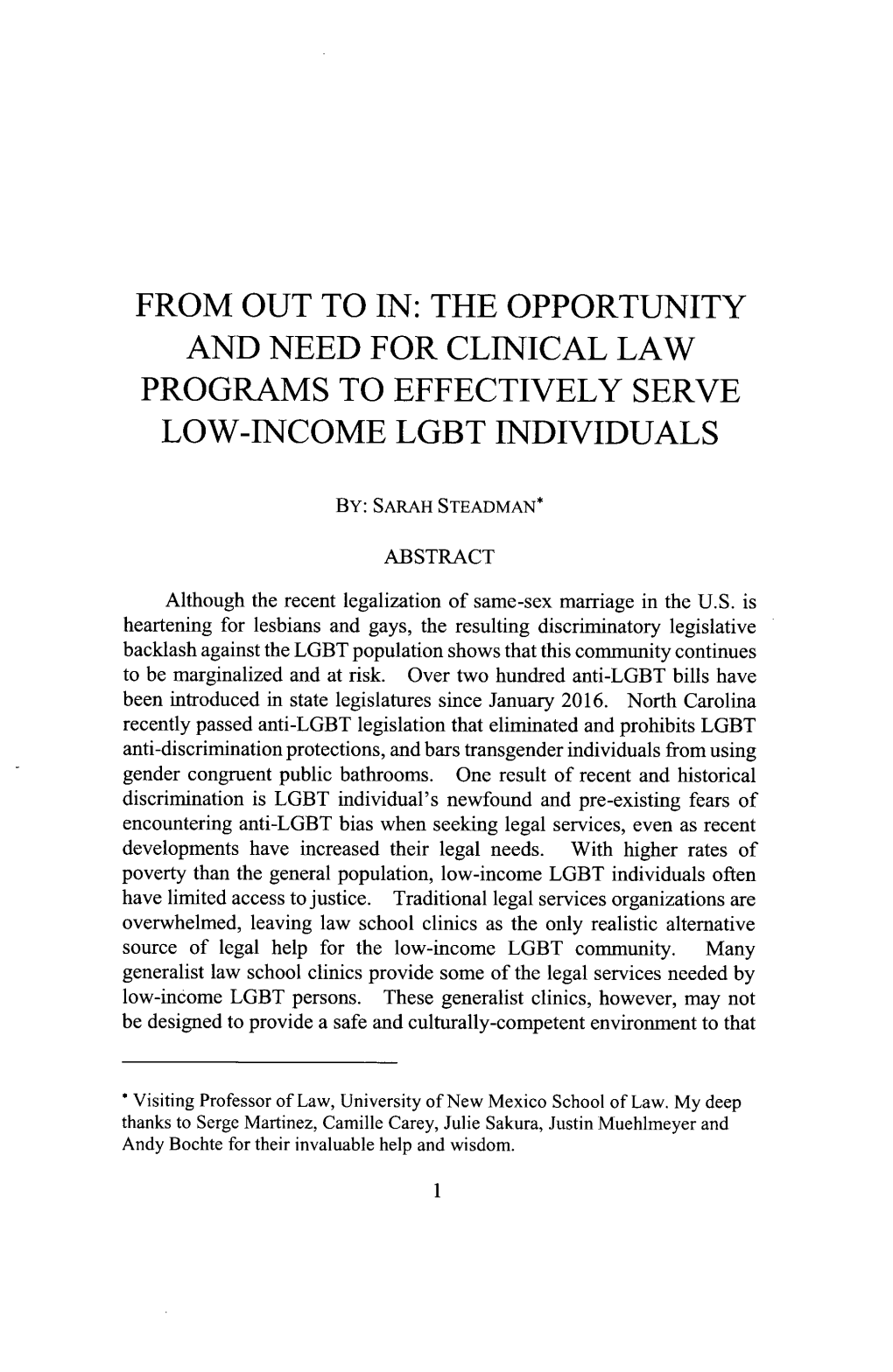 The Opportunity and Need for Clinical Law Programs to Effectively Serve Low-Income Lgbt Individuals