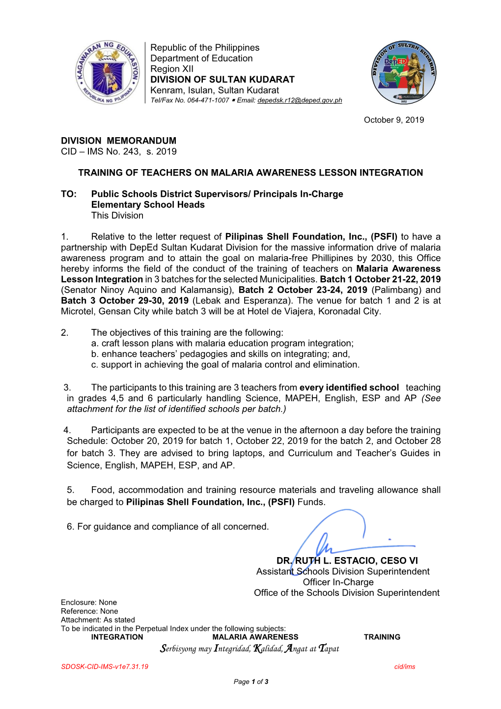 Republic of the Philippines Department of Education Region XII DIVISION of SULTAN KUDARAT Kenram, Isulan, Sultan Kudarat Tel/Fax No