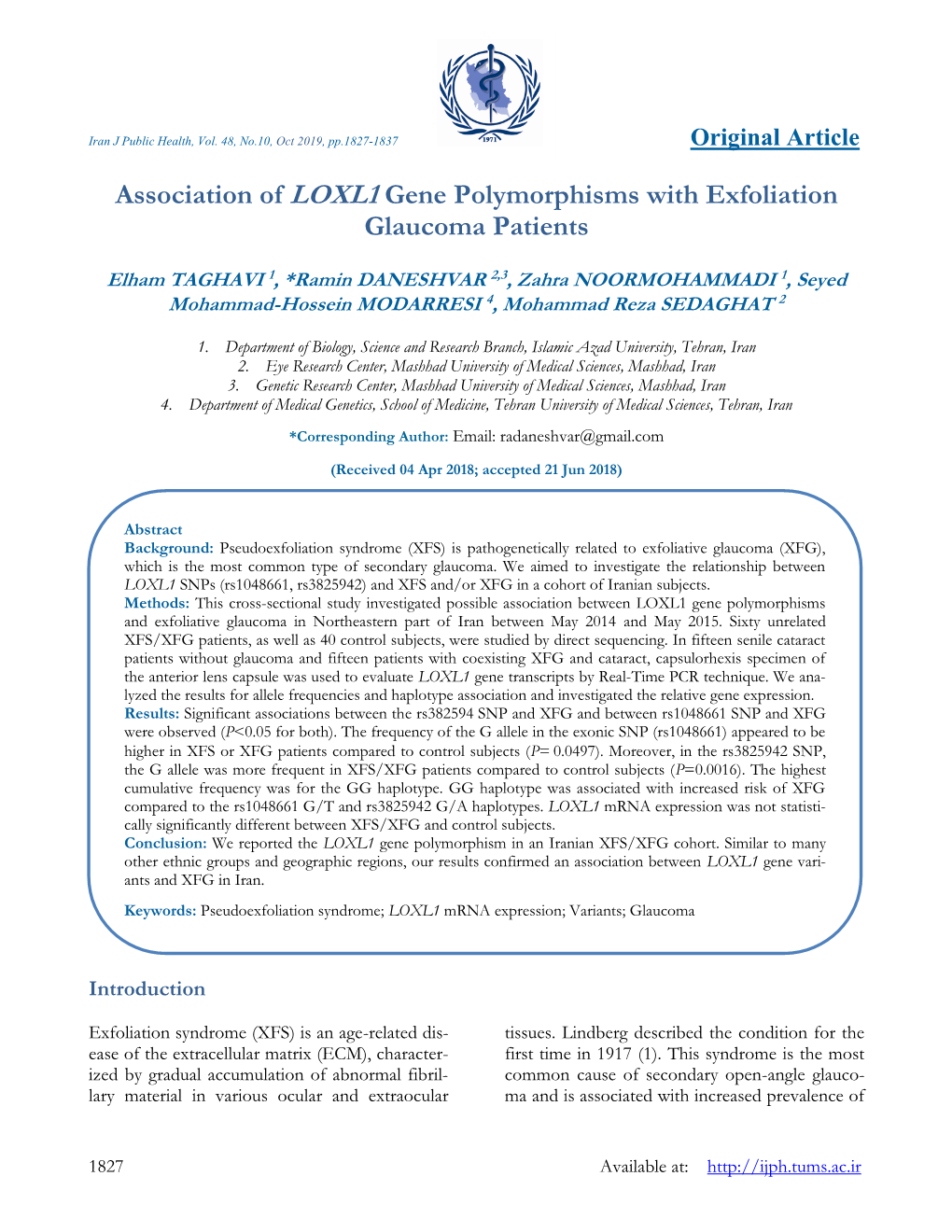 Association of LOXL1 Gene Polymorphisms with Exfoliation Glaucoma Patients