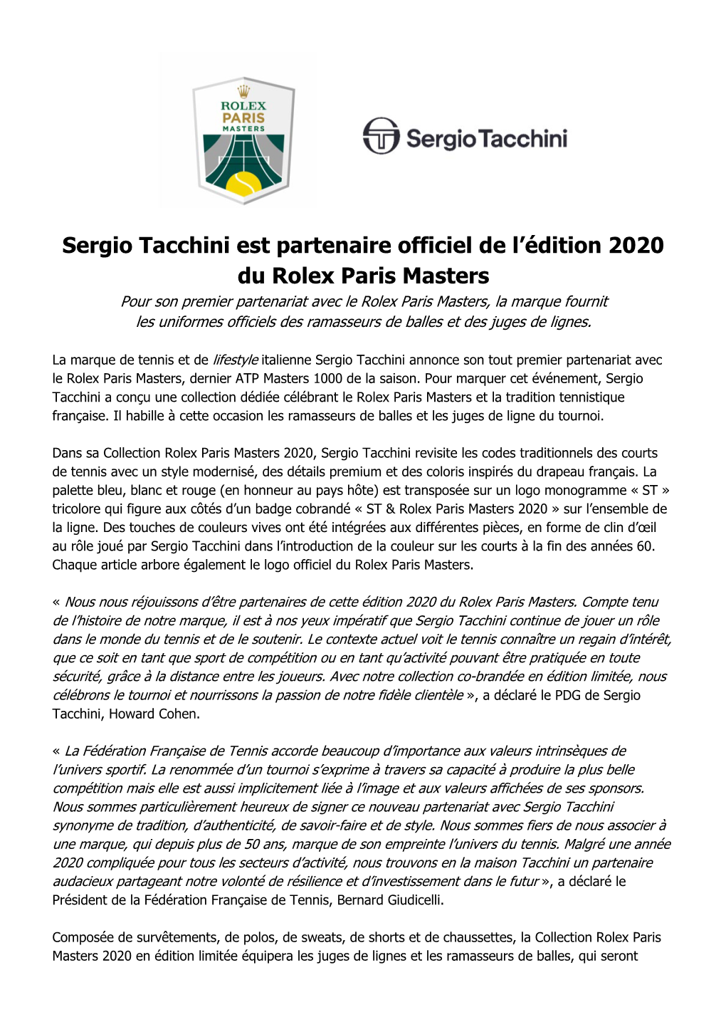 Sergio Tacchini Est Partenaire Officiel De L'édition 2020 Du Rolex Paris
