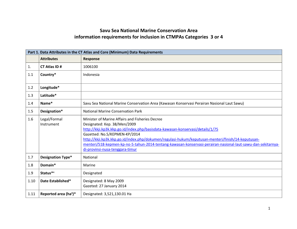 Savu Sea National Marine Conservation Area Information Requirements for Inclusion in Ctmpas Categories 3 Or 4