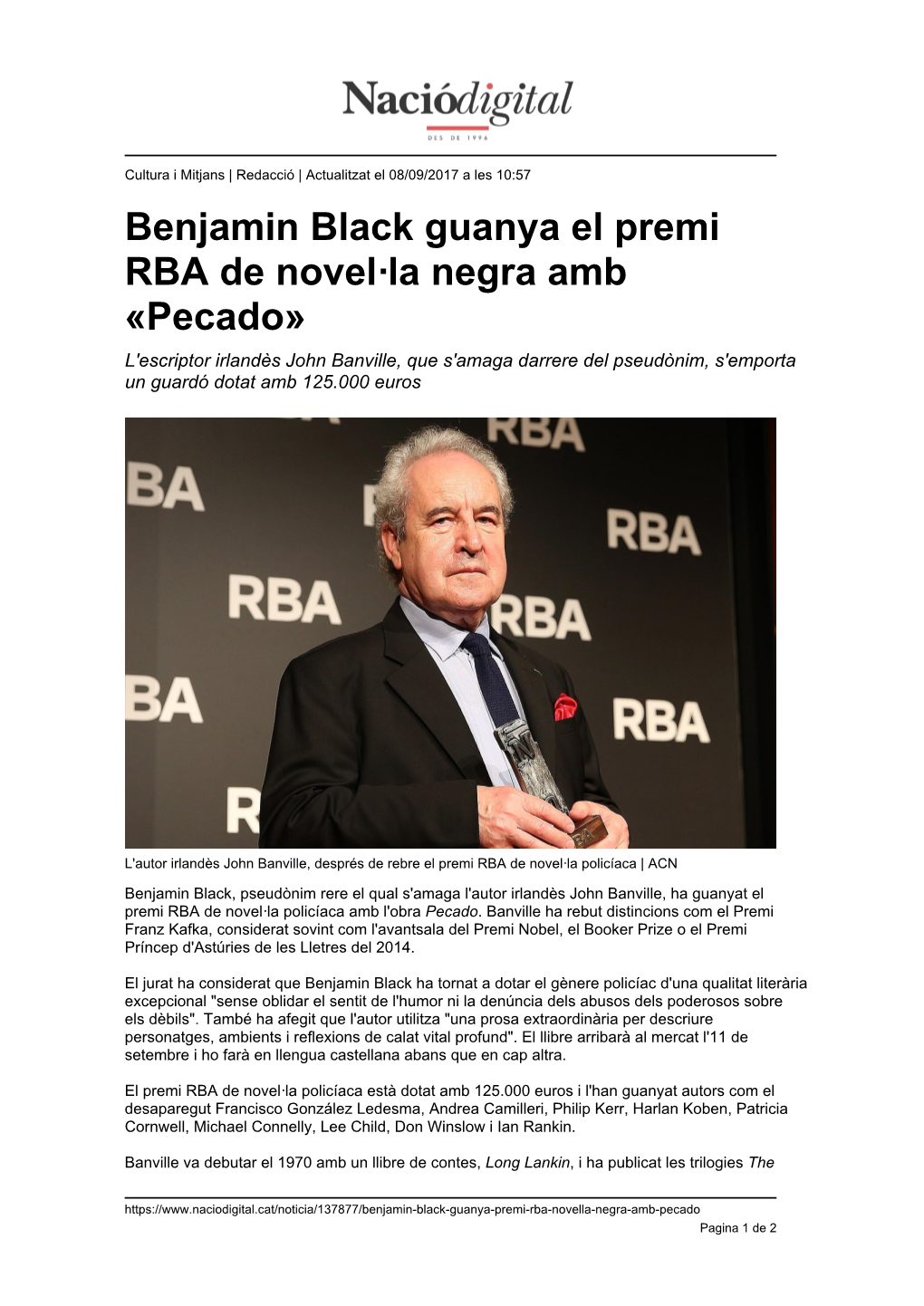 Benjamin Black Guanya El Premi RBA De Novel·La Negra Amb «Pecado»