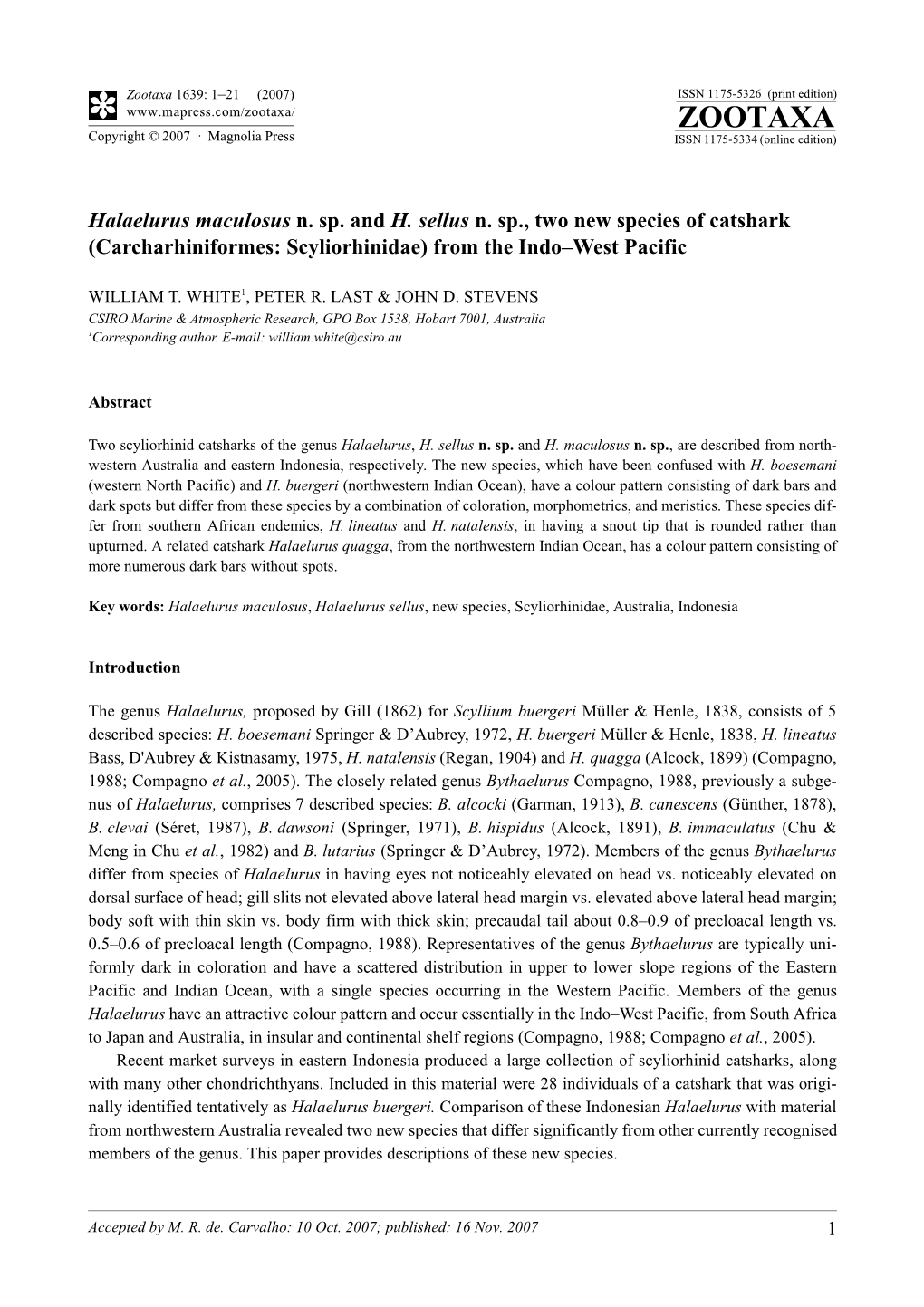 Zootaxa,Halaelurus Maculosus N. Sp. and H. Sellus N. Sp., Two New Species of Catshark