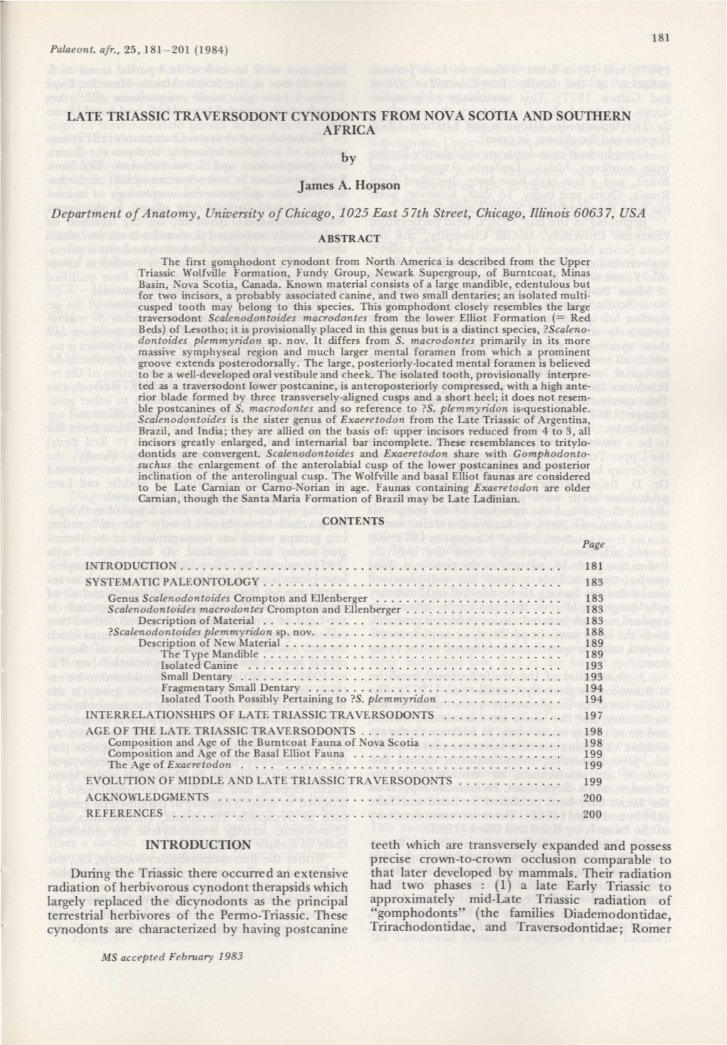 LATE TRIASSIC TRA VERSODONT CYNODONTS from NOV a SCOTIA and SOUTHERN AFRICA by James A. Hopson Department of Anatomy, University