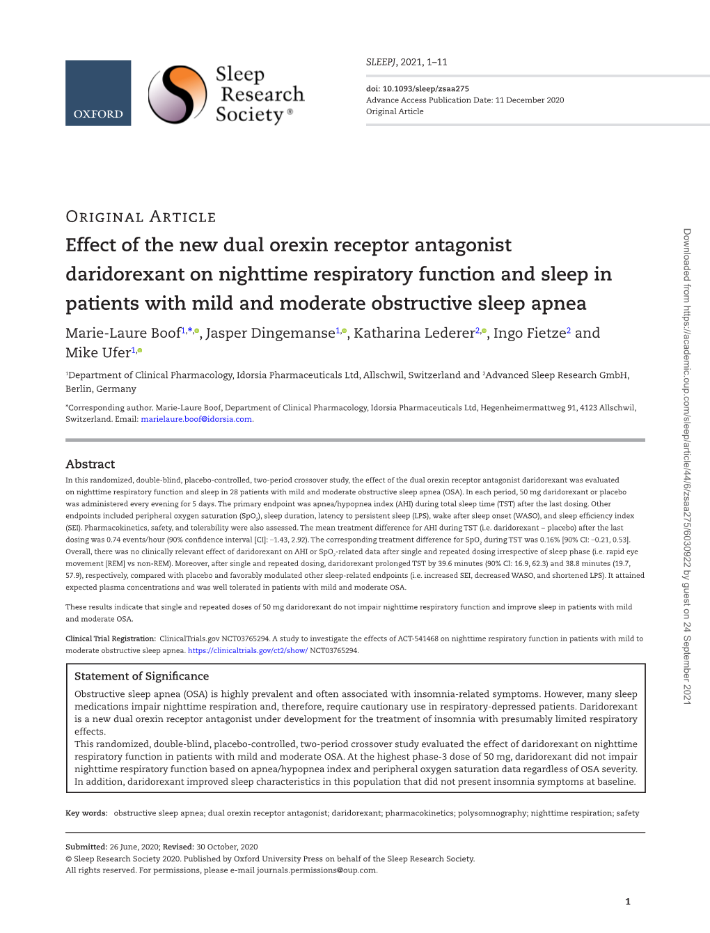 Effect of the New Dual Orexin Receptor Antagonist Daridorexant On