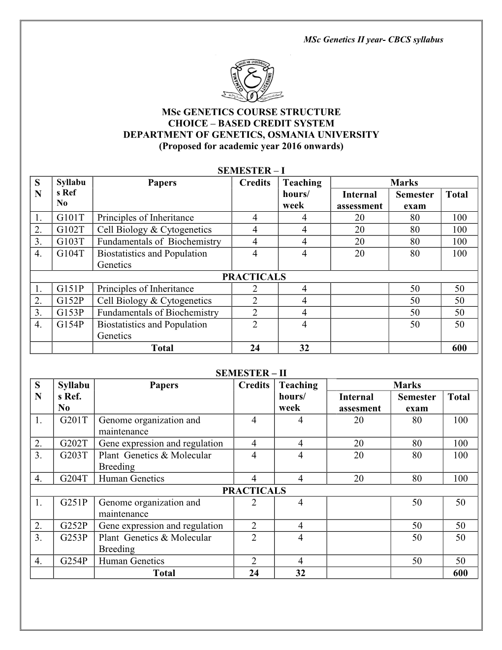 Msc GENETICS COURSE STRUCTURE CHOICE – BASED CREDIT SYSTEM DEPARTMENT of GENETICS, OSMANIA UNIVERSITY (Proposed for Academic Year 2016 Onwards)