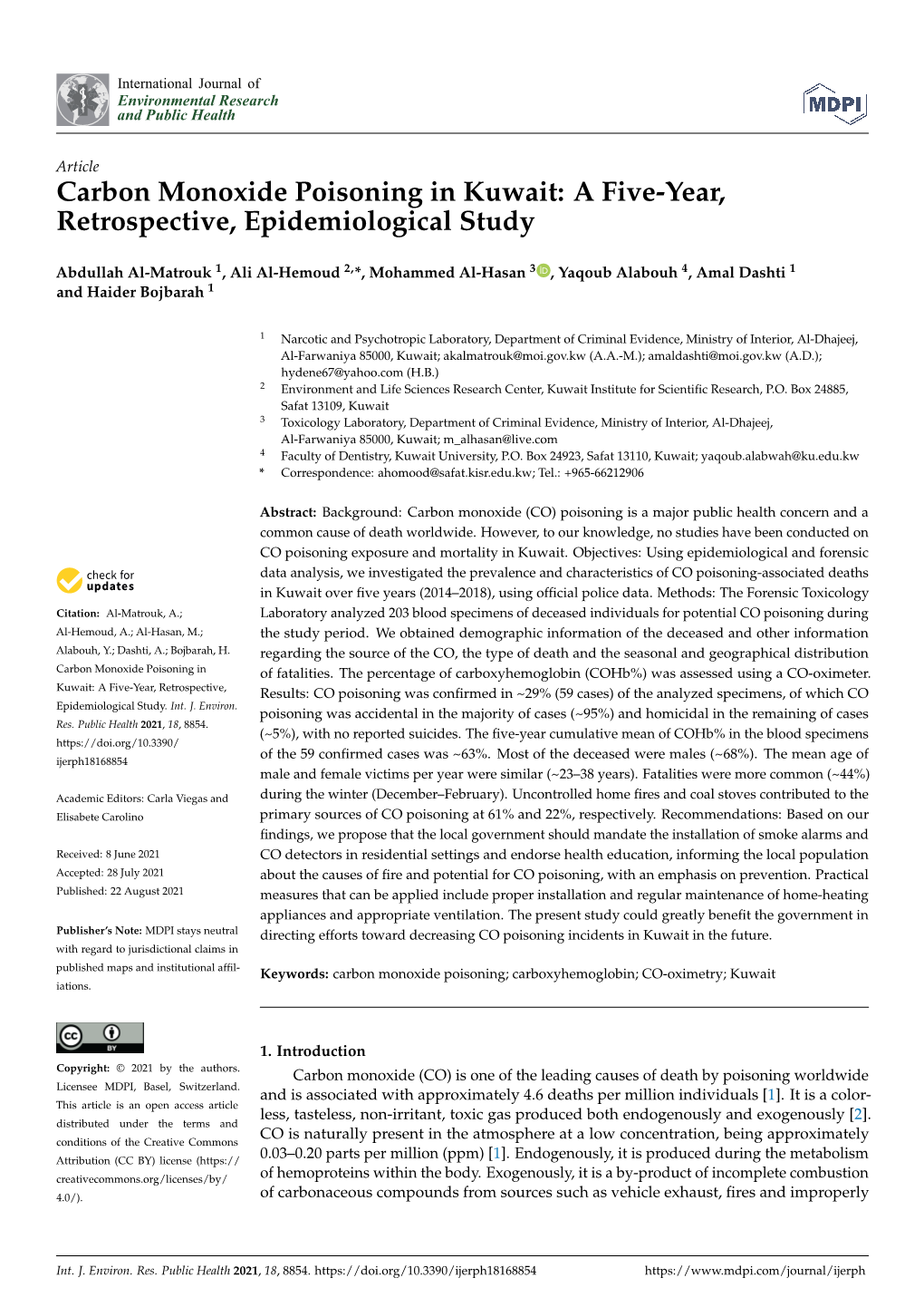 Carbon Monoxide Poisoning in Kuwait: a Five-Year, Retrospective, Epidemiological Study