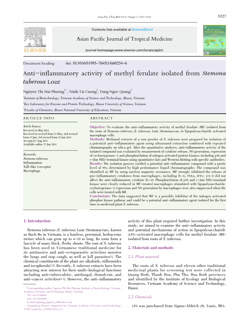 Anti-Inflammatory Activity of Methyl Ferulate Isolated from Stemona Tuberosa Lour