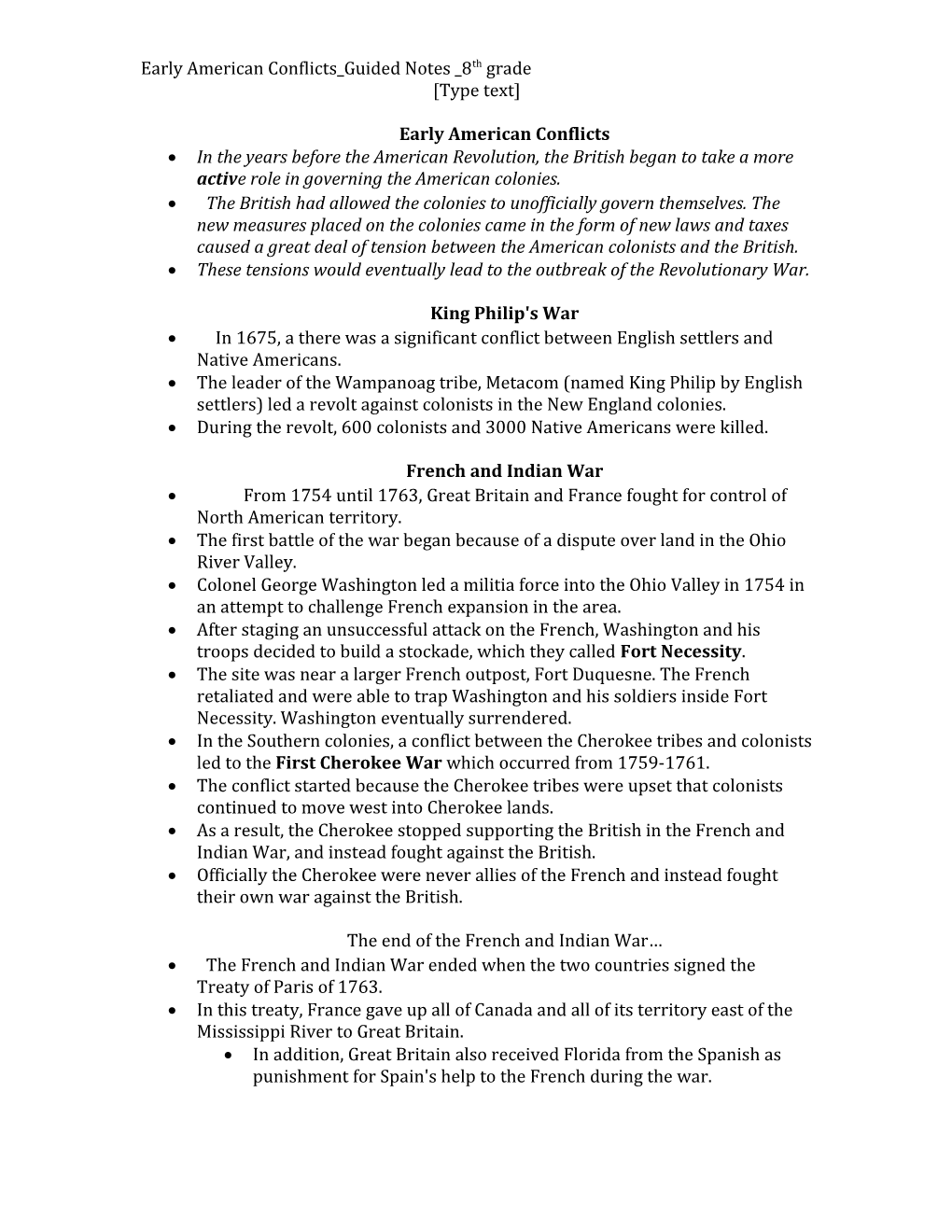 Early American Conflicts Guided Notes 8Th Grade Type Text