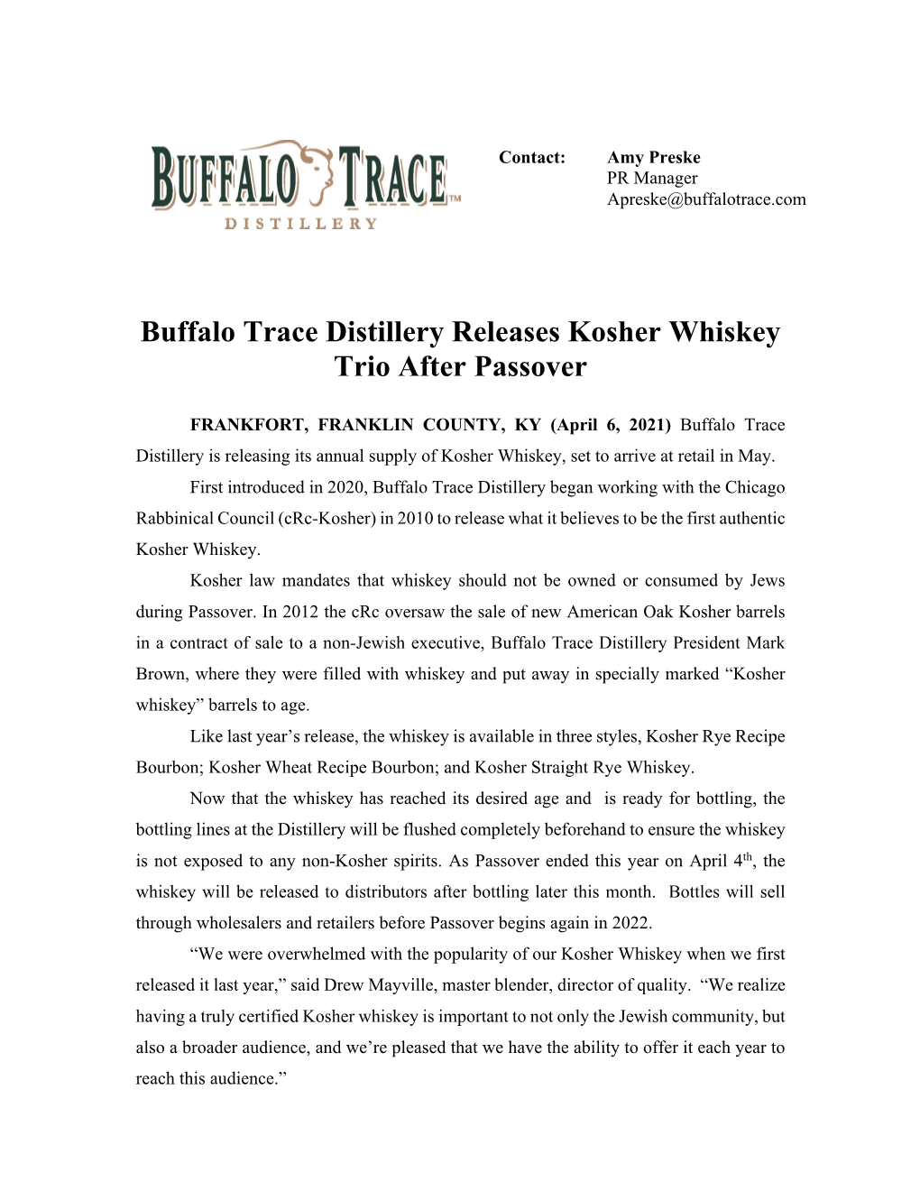 Buffalo Trace Distillery Releases Kosher Whiskey Trio After Passover
