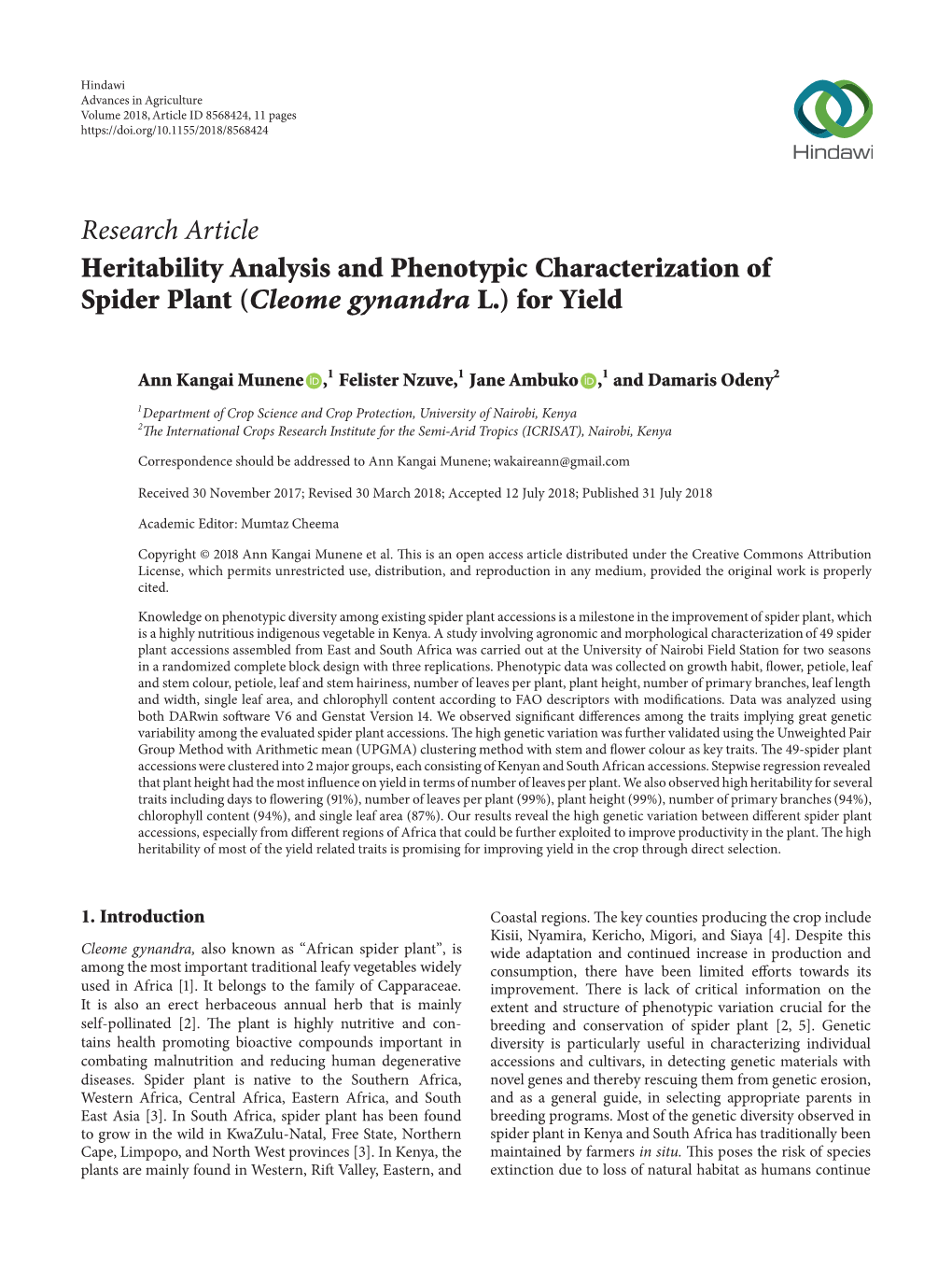 Heritability Analysis and Phenotypic Characterization of Spider Plant (Cleome Gynandra L.) for Yield