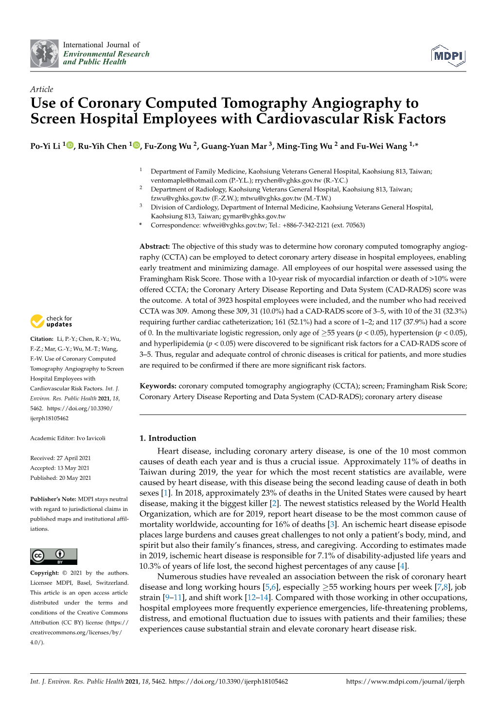 Use of Coronary Computed Tomography Angiography to Screen Hospital Employees with Cardiovascular Risk Factors