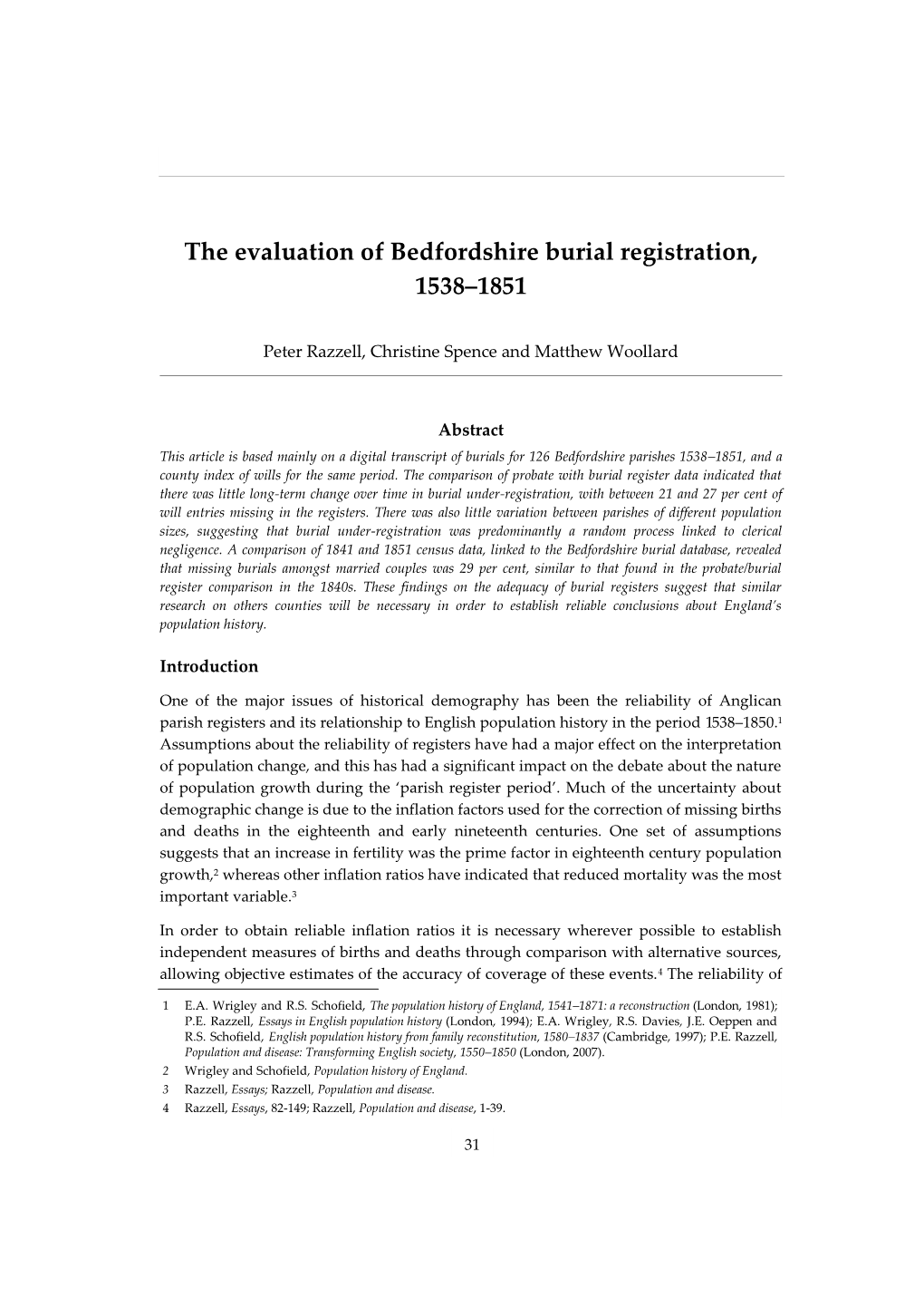 The Evaluation of Bedfordshire Burial Registration, 1538‒1851