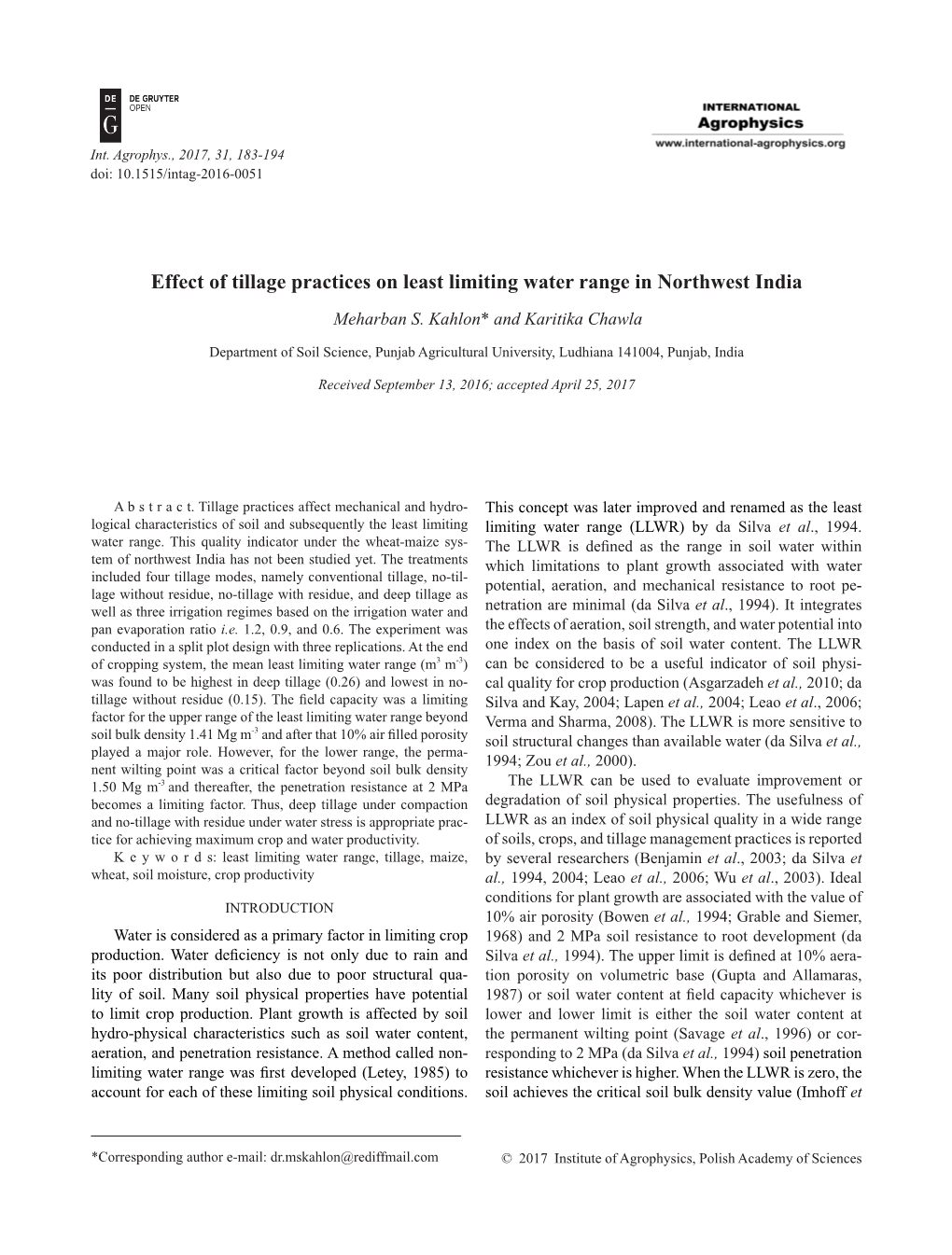 Effect of Tillage Practices on Least Limiting Water Range in Northwest India Meharban S