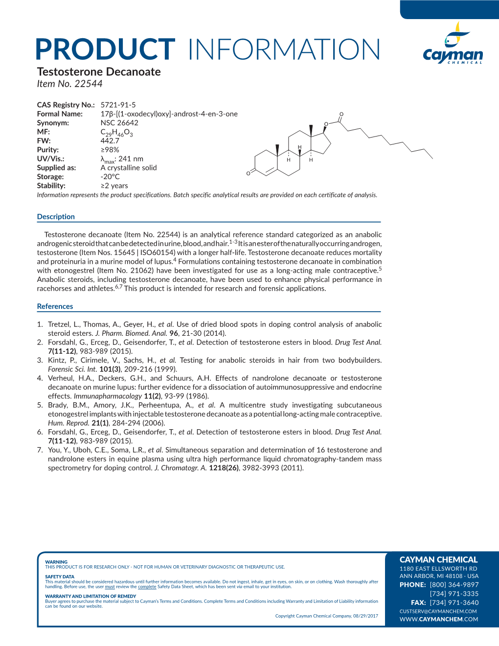 PRODUCT INFORMATION Testosterone Decanoate Item No