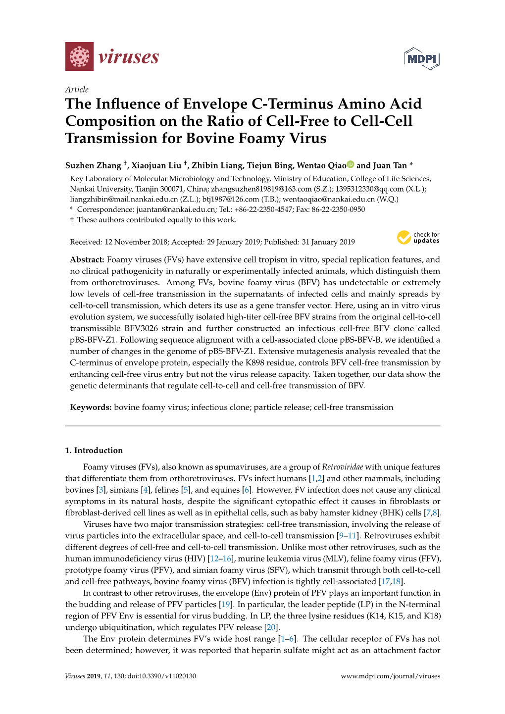 The Influence of Envelope C-Terminus Amino Acid Composition on the Ratio of Cell-Free to Cell-Cell Transmission for Bovine Foamy Virus