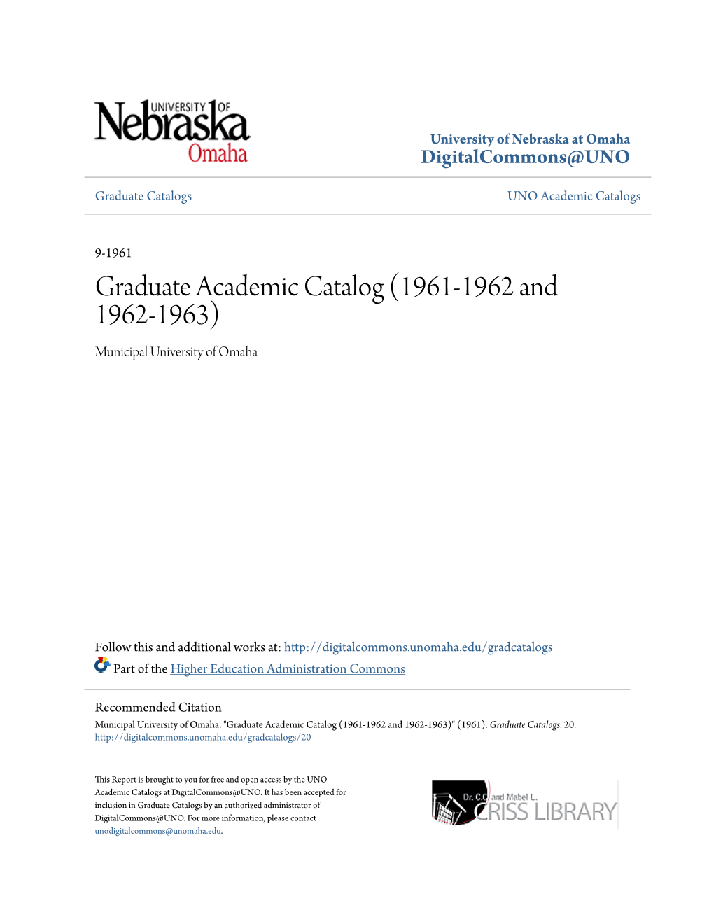 Graduate Academic Catalog (1961-1962 and 1962-1963) Municipal University of Omaha