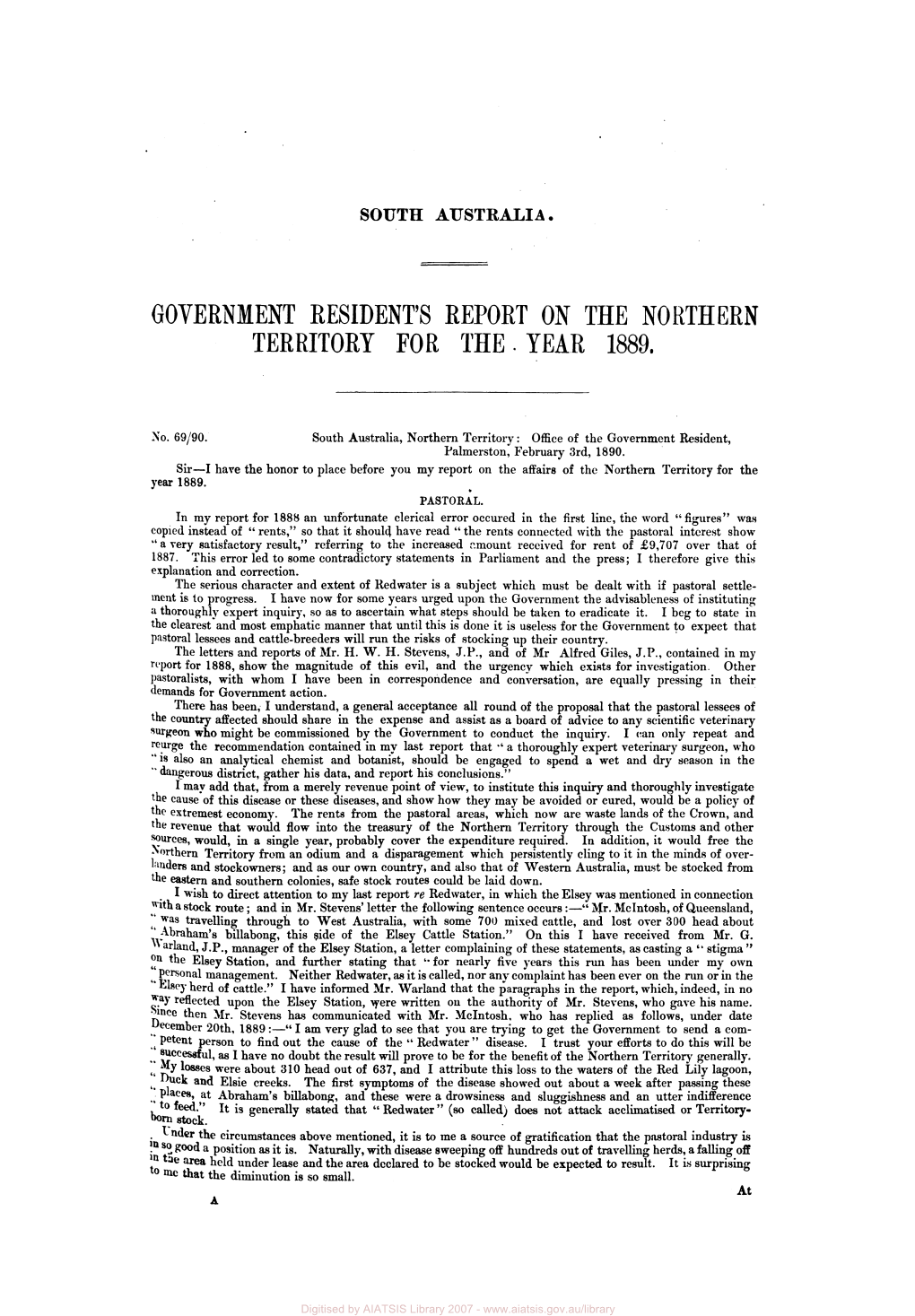 Government Residents Report on Northern Territory for the Year 1889