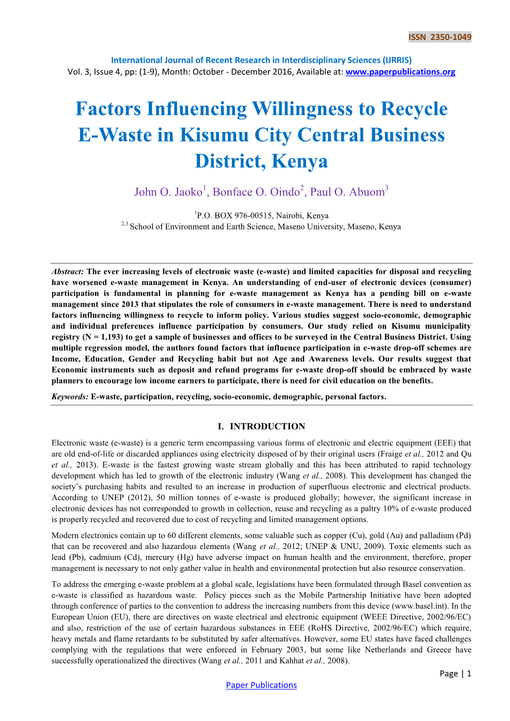 Factors Influencing Willingness to Recycle E-Waste in Kisumu City Central Business District, Kenya