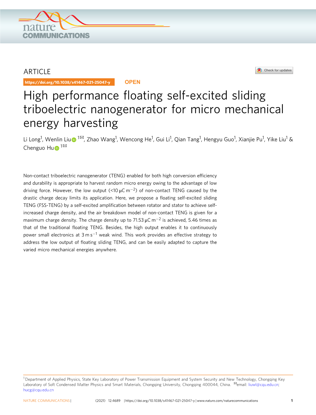 High Performance Floating Self-Excited Sliding Triboelectric Nanogenerator