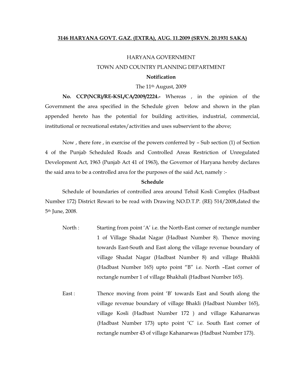 Eract from Haryana Government Gazette, Dated The