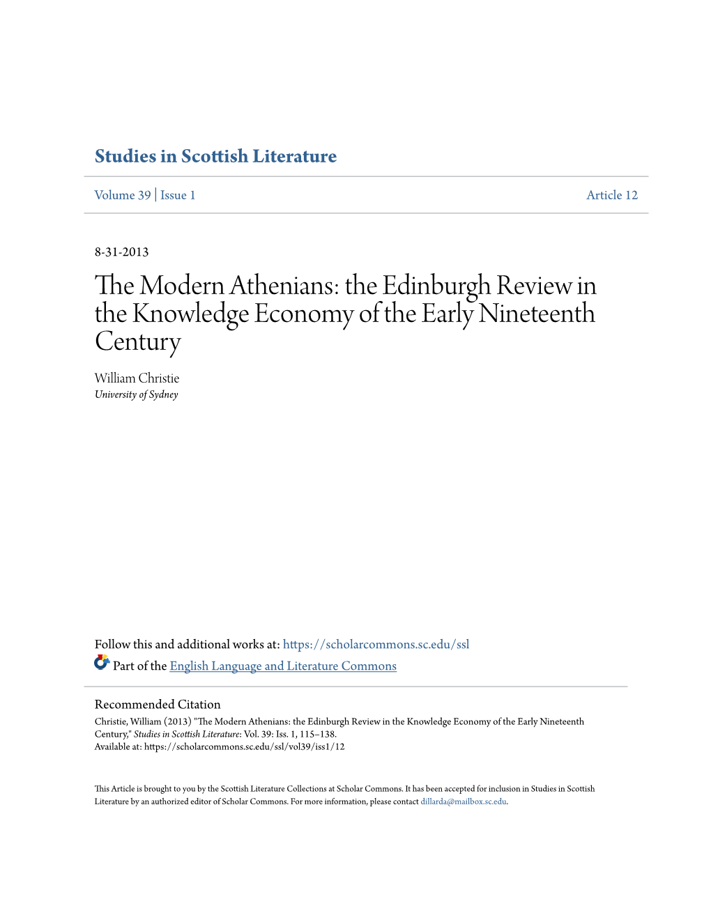 The Edinburgh Review in the Knowledge Economy of the Early Nineteenth Century William Christie University of Sydney