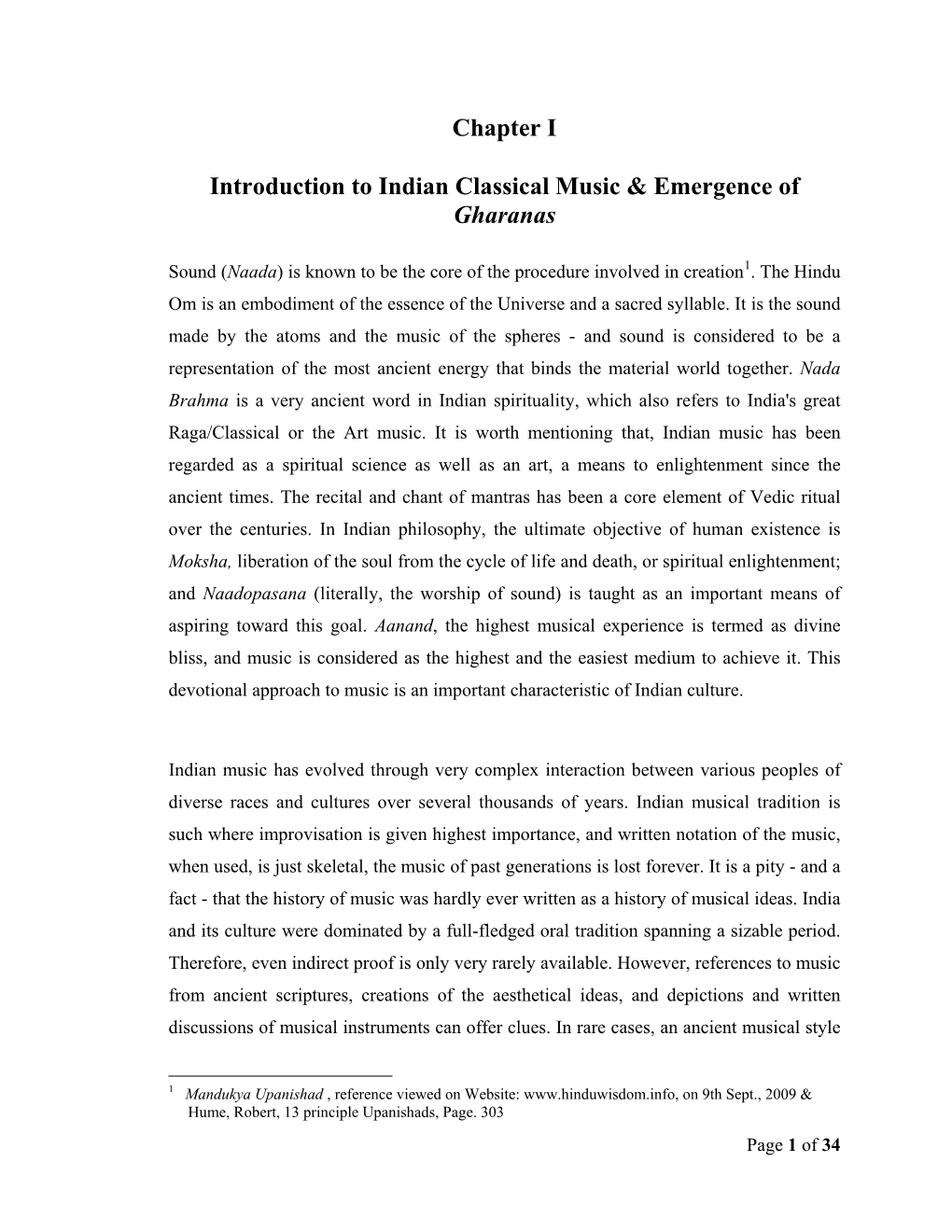 Chapter I Introduction to Indian Classical Music & Emergence Of