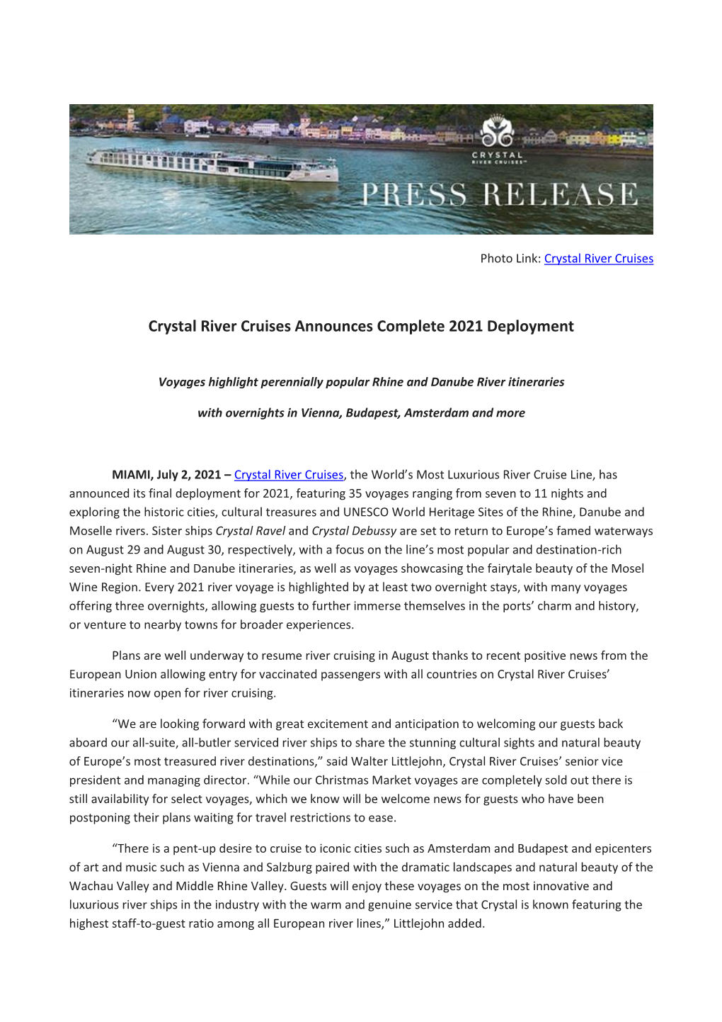 Crystal River Cruises Announces Complete 2021 Deployment