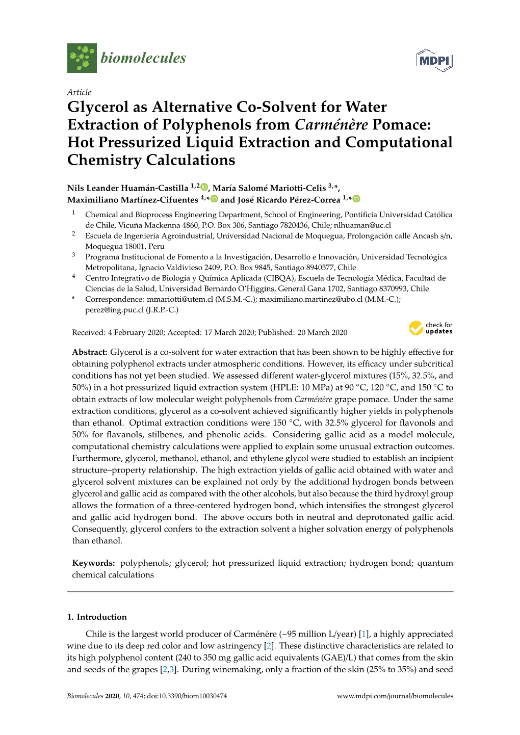 Glycerol As Alternative Co-Solvent for Water Extraction of Polyphenols