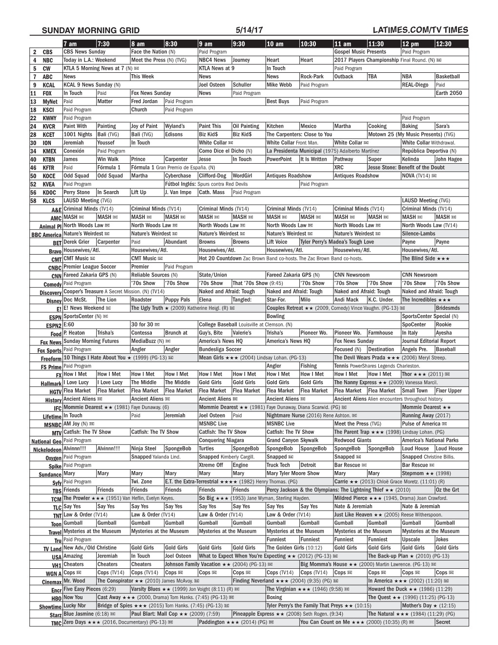 Sunday Morning Grid 5/14/17 Latimes.Com/Tv Times