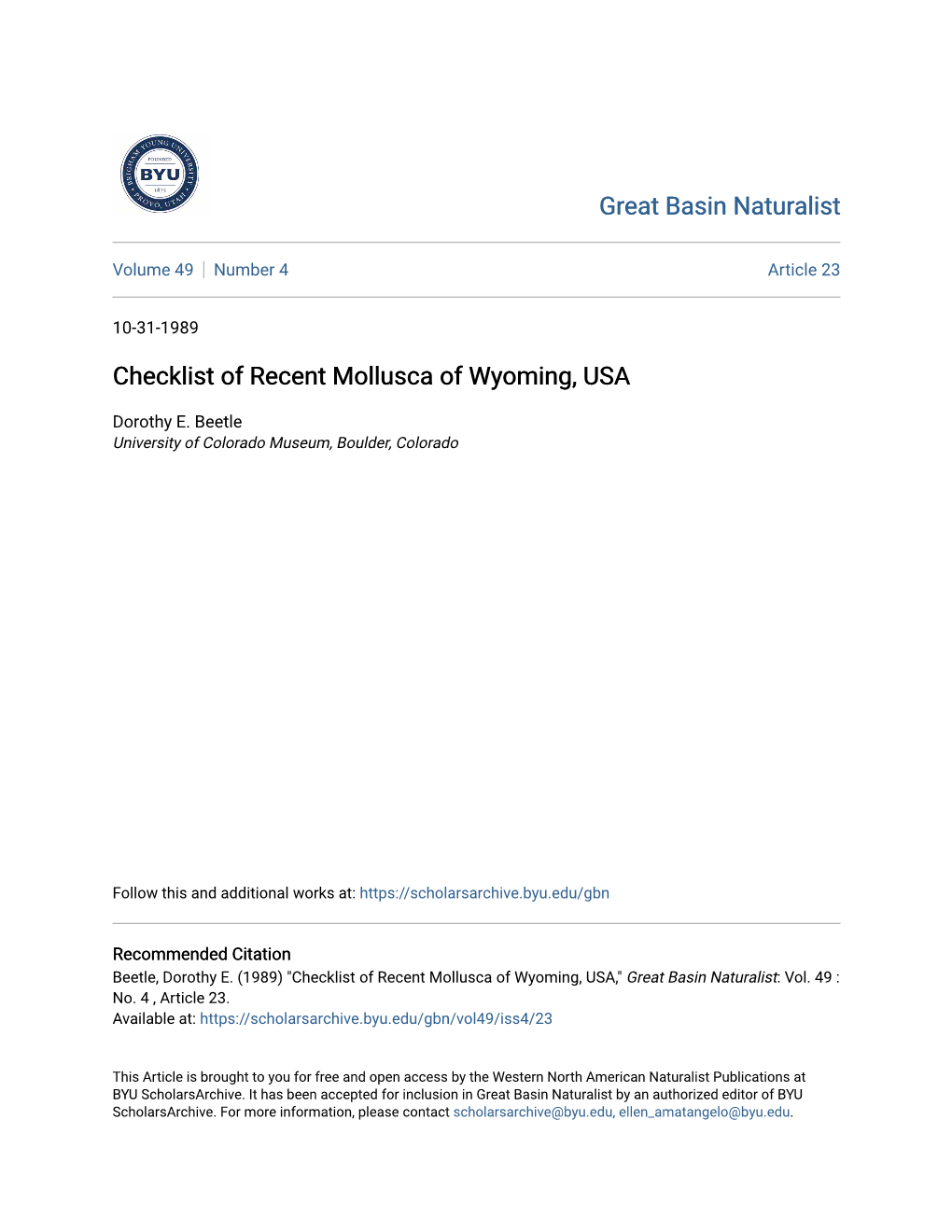 Checklist of Recent Mollusca of Wyoming, USA