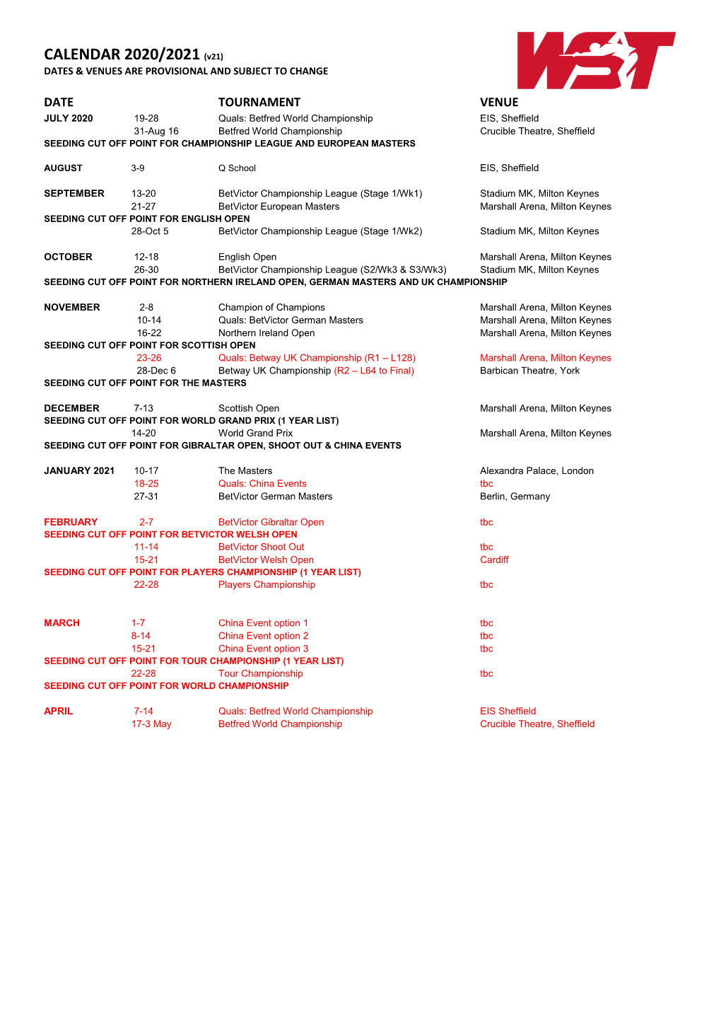 CALENDAR 2020/2021 (V21) DATES & VENUES ARE PROVISIONAL and SUBJECT to CHANGE