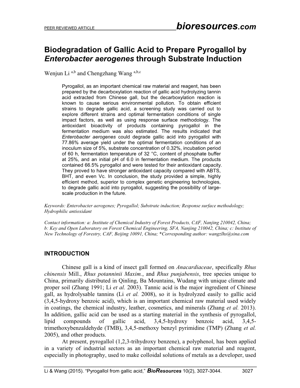 Biodegradation of Gallic Acid to Prepare Pyrogallol by Enterobacter Aerogenes Through Substrate Induction