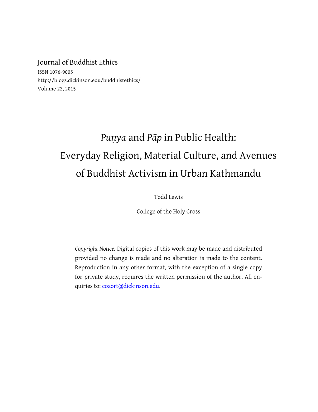 Puṇya and Pāp in Public Health: Everyday Religion, Material Culture, and Avenues of Buddhist Activism in Urban Kathmandu