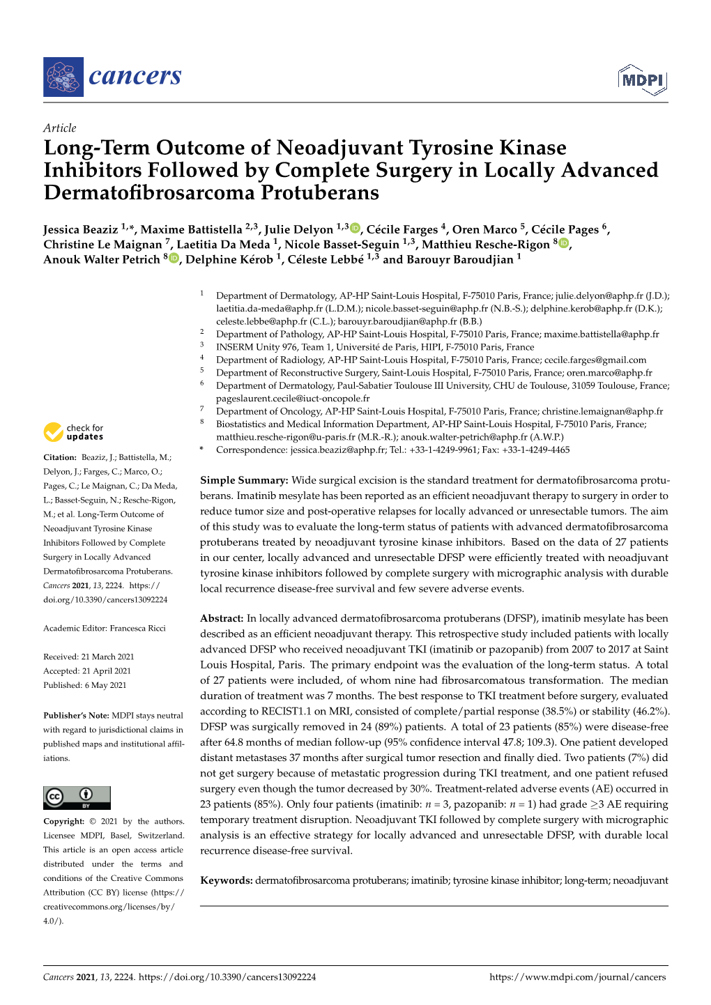 Long-Term Outcome of Neoadjuvant Tyrosine Kinase Inhibitors Followed by Complete Surgery in Locally Advanced Dermatoﬁbrosarcoma Protuberans