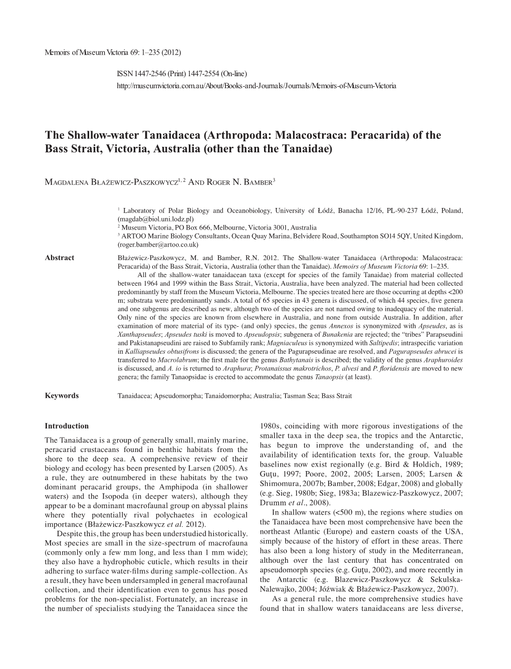 The Shallow-Water Tanaidacea (Arthropoda: Malacostraca: Peracarida) of the Bass Strait, Victoria, Australia (Other Than the Tanaidae)