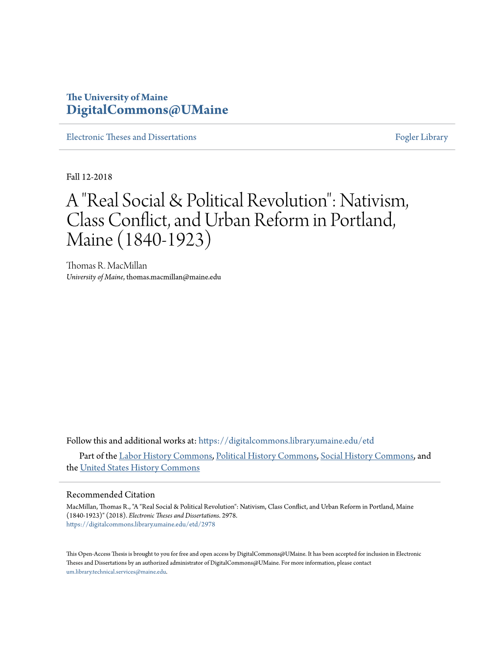 Nativism, Class Conflict, and Urban Reform in Portland, Maine (1840-1923) Thomas R