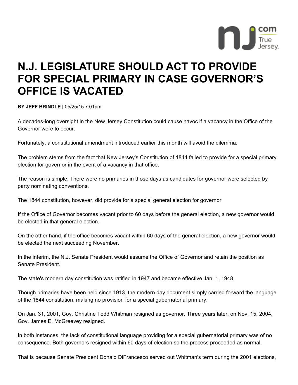 N.J. Legislature Should Act to Provide for Special Primary in Case Governor’S Office Is Vacated
