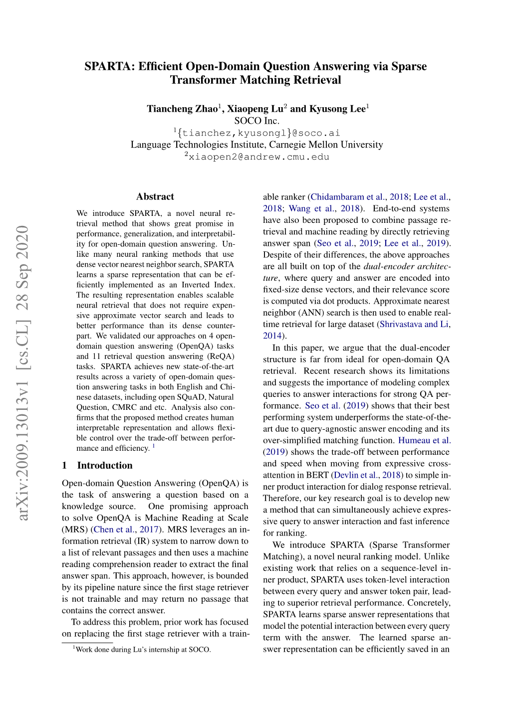 SPARTA: Efficient Open-Domain Question Answering Via Sparse Transformer Matching Retrieval