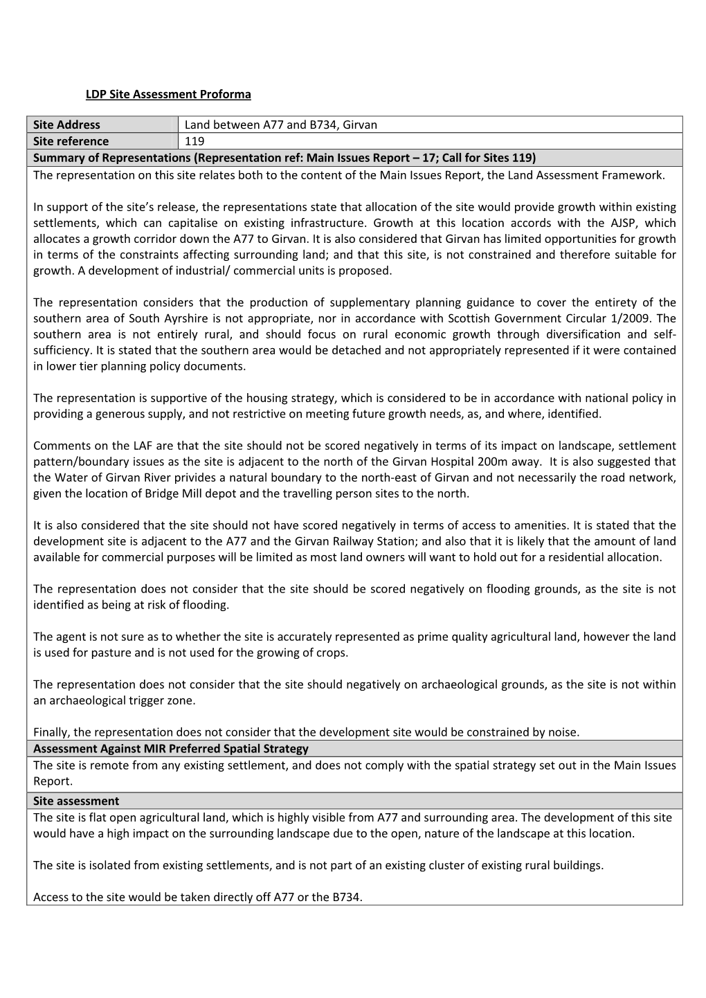 LDP Site Assessment Proforma Site Address Land Between A77 And