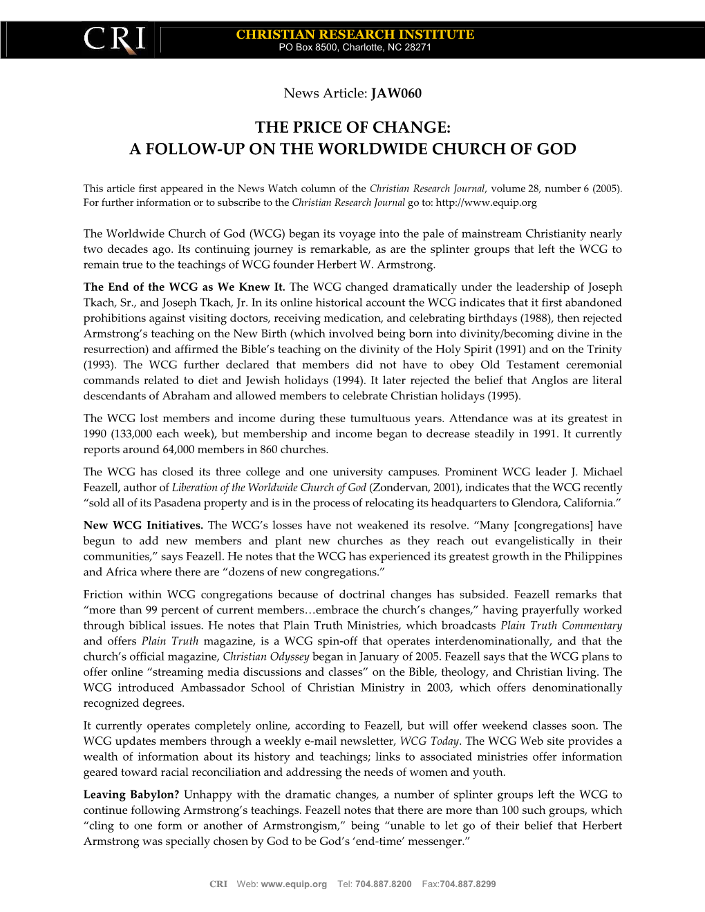 A Follow-Up on the Worldwide Church of God