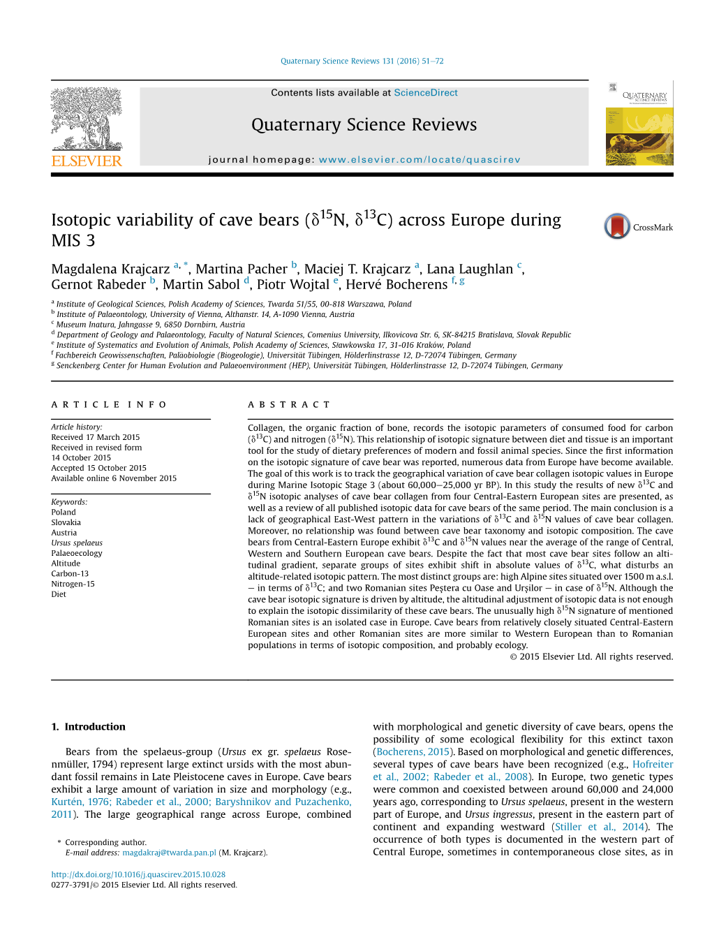 Isotopic Variability of Cave Bears (D15n, D13c) Across Europe During MIS 3