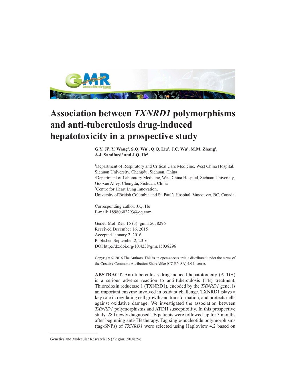 Association Between TXNRD1 Polymorphisms and Anti-Tuberculosis Drug-Induced Hepatotoxicity in a Prospective Study